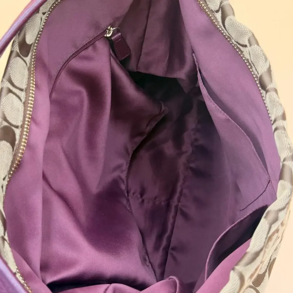 Coach Signature Jacquard Hobo Bag Khaki Purple Leather Shoulder Purse